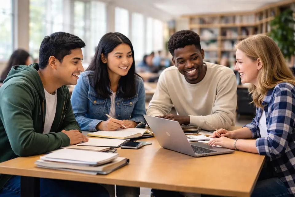 Students studying together at a library table